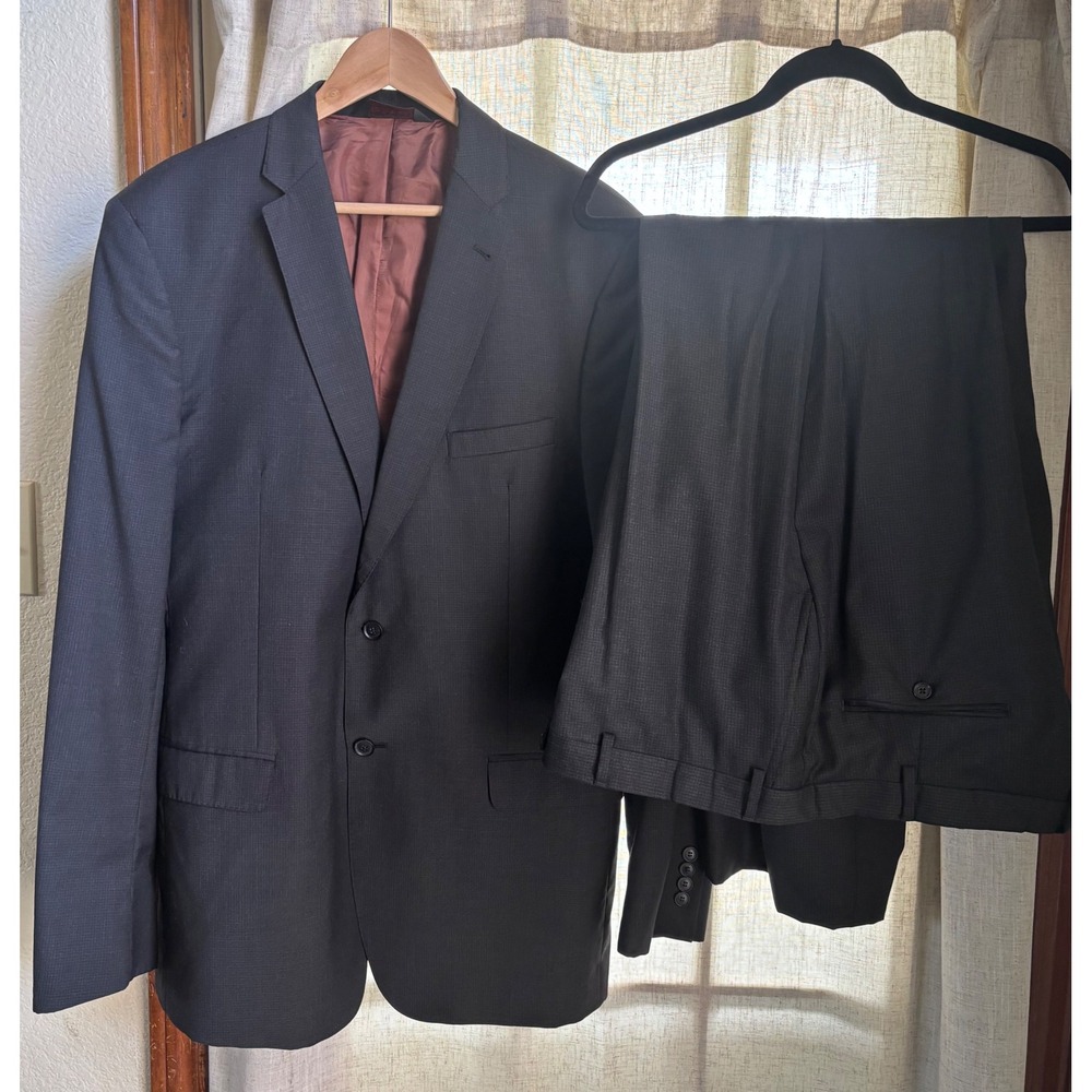 Jos A Bank Slim Fit Suit Mens Jacket 44L Pants 48L Charcoal Gray 100% Wool‎ 2pc